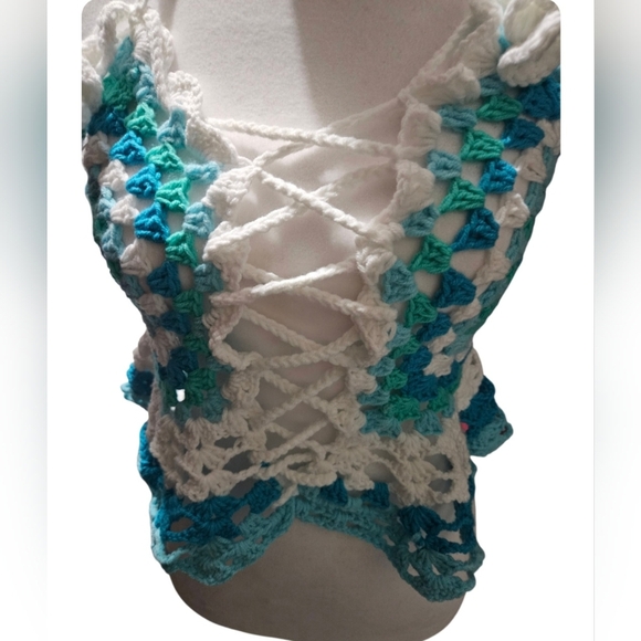 Handmade Granny Square Crochet Halter Top Mermaidcore Boho Criss-cross Icy Blue - Picture 16 of 17